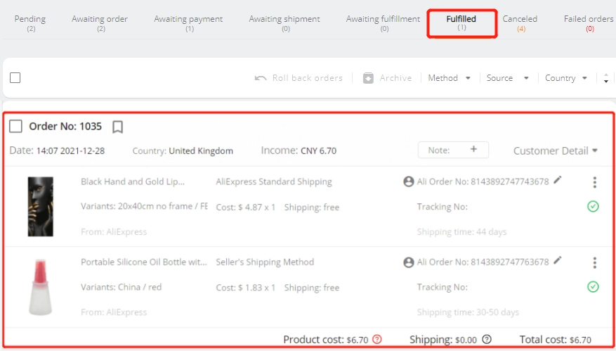 Only once all items are shipped and all tracking is synced does DSers move the entire order to Fulfilled